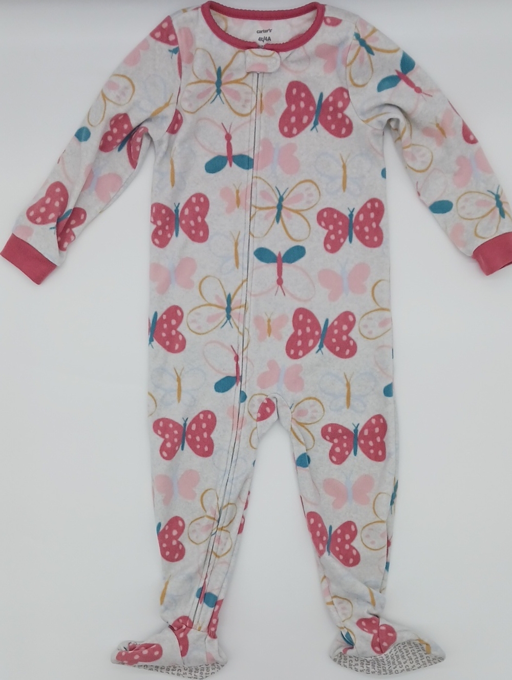 Carter's Grey Footed Fleece Sleeper with Pink & Teal Butterfly Print (Size 4T)